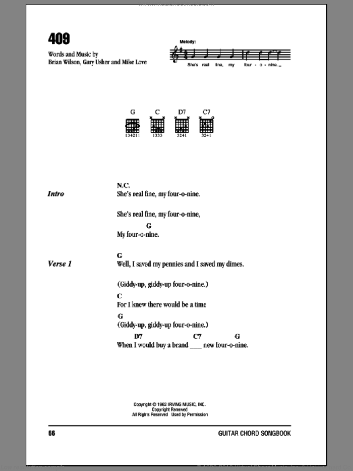 409 sheet music for guitar (chords) by The Beach Boys, Brian Wilson, Gary Usher and Mike Love, intermediate skill level