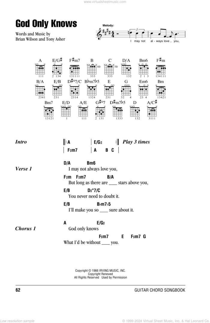 God Only Knows sheet music for guitar (chords) by The Beach Boys, Brian Wilson and Tony Asher, intermediate skill level