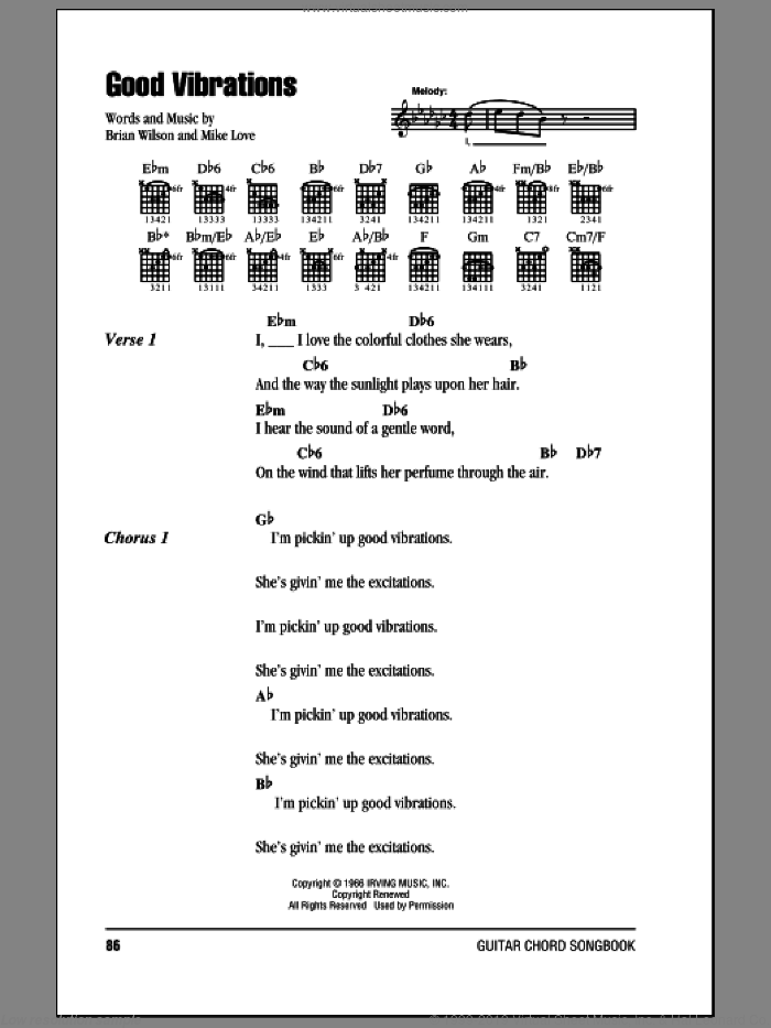 Good Vibrations sheet music for guitar (chords) by The Beach Boys, Brian Wilson and Mike Love, intermediate skill level
