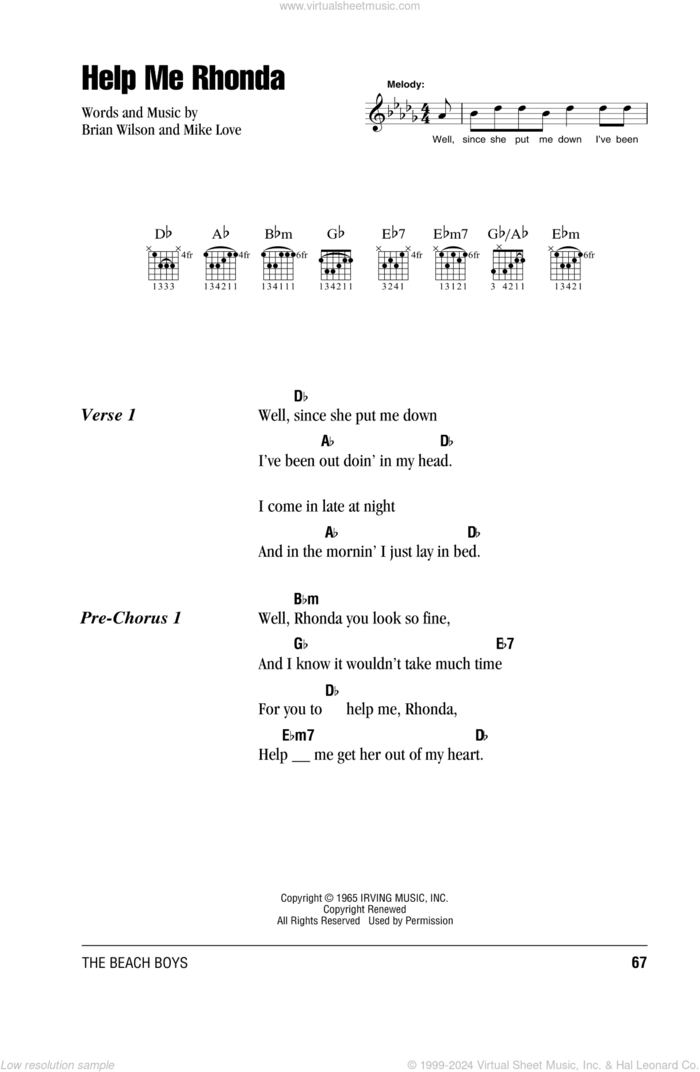 Help Me Rhonda sheet music for guitar (chords) by The Beach Boys, Brian Wilson and Mike Love, intermediate skill level