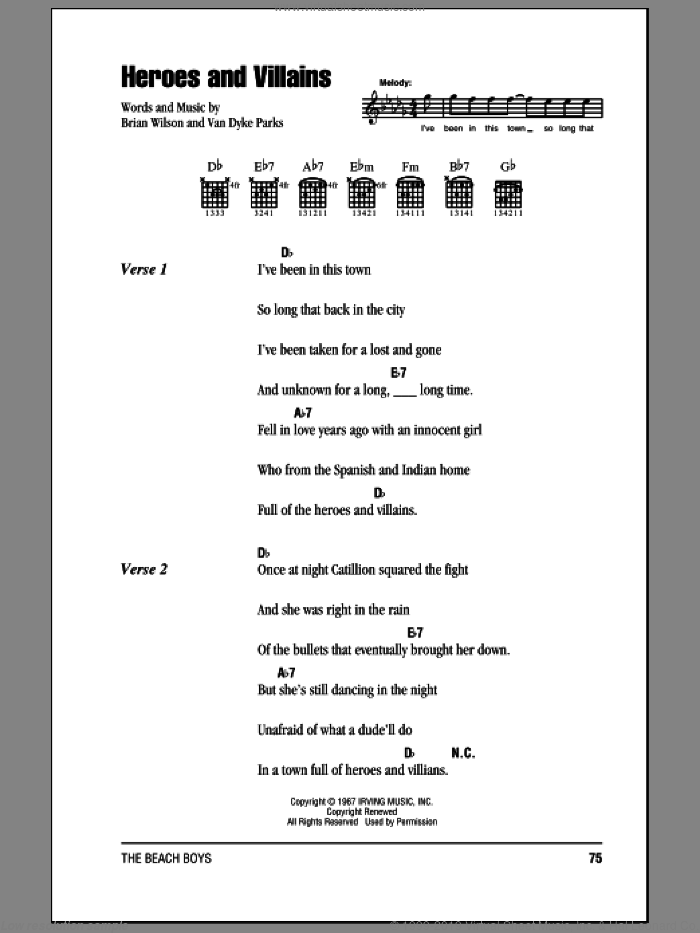 Heroes And Villains sheet music for guitar (chords) by The Beach Boys, Brian Wilson and Van Dyke Parks, intermediate skill level