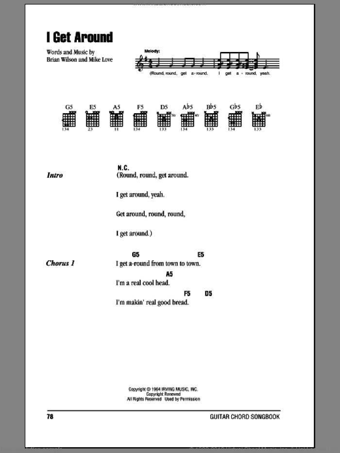 I Get Around sheet music for guitar (chords) by The Beach Boys, Brian Wilson and Mike Love, intermediate skill level