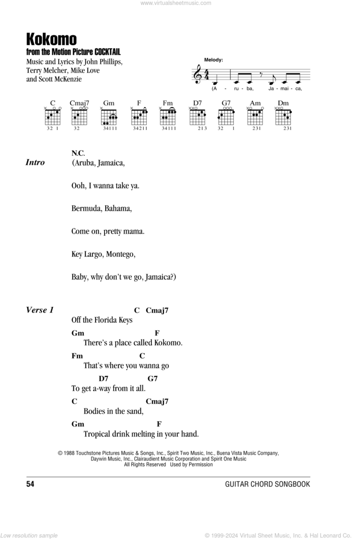 Kokomo sheet music for guitar (chords) by The Beach Boys, John Phillips, Mike Love, Scott McKenzie and Terry Melcher, intermediate skill level