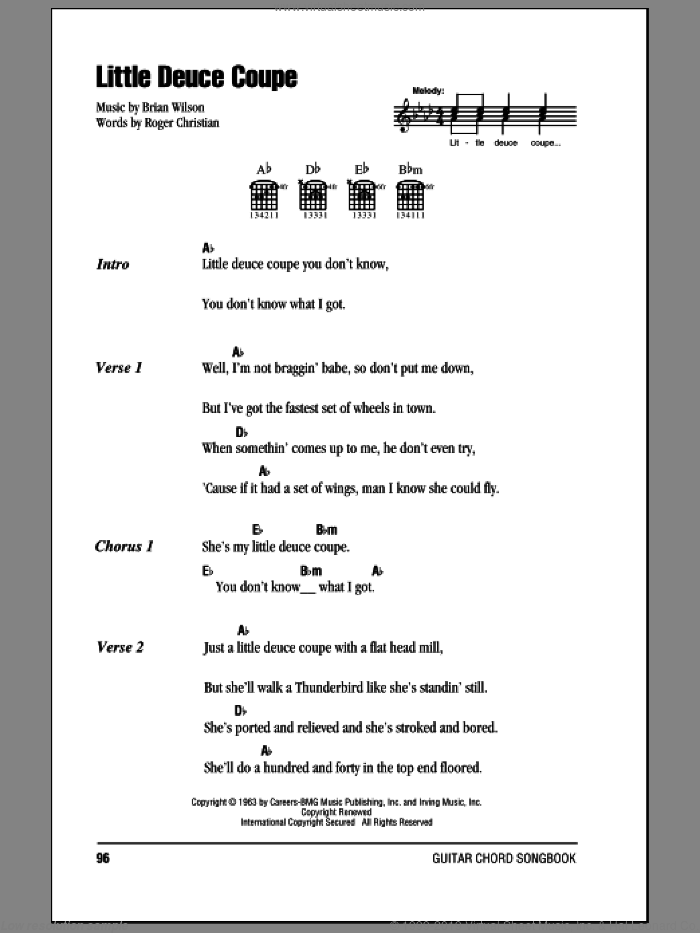 Little Deuce Coupe sheet music for guitar (chords) by The Beach Boys, Brian Wilson and Roger Christian, intermediate skill level