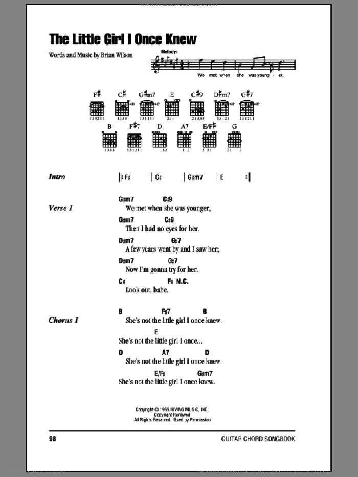 The Little Girl I Once Knew sheet music for guitar (chords) by The Beach Boys and Brian Wilson, intermediate skill level