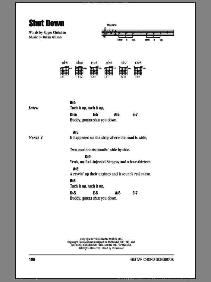 Shut Down sheet music for guitar (chords) by The Beach Boys, Brian Wilson and Roger Christian, intermediate skill level