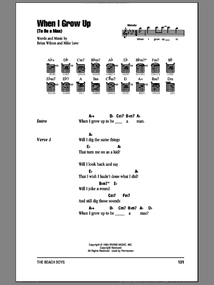 When I Grow Up (To Be A Man) sheet music for guitar (chords) by The Beach Boys, Brian Wilson and Mike Love, intermediate skill level