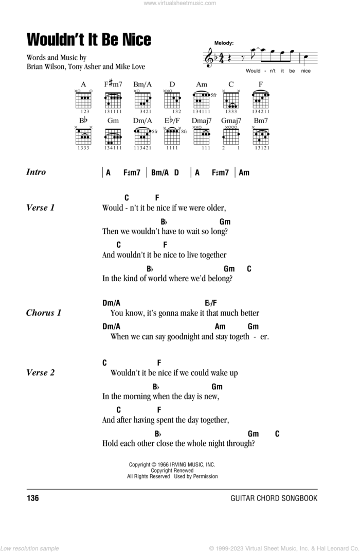Wouldn't It Be Nice sheet music for guitar (chords) by The Beach Boys, Brian Wilson, Mike Love and Tony Asher, intermediate skill level
