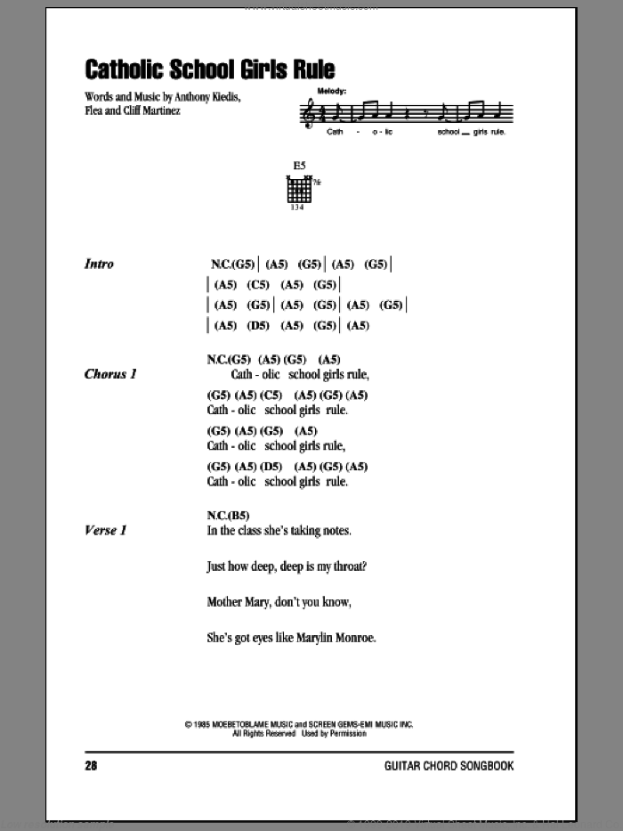 Catholic School Girls Rule sheet music for guitar (chords) by Red Hot Chili Peppers, Anthony Kiedis, Cliff Martinez and Flea, intermediate skill level