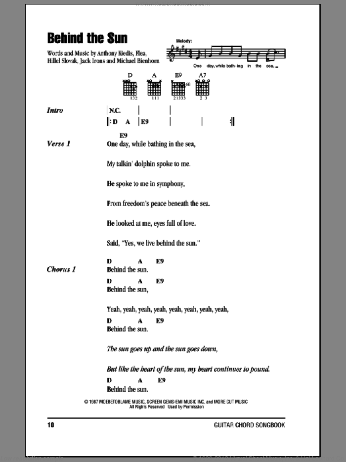 Behind The Sun sheet music for guitar (chords) by Red Hot Chili Peppers, Anthony Kiedis, Flea, Hillel Slovak, Jack Irons and Michael Bienhorn, intermediate skill level