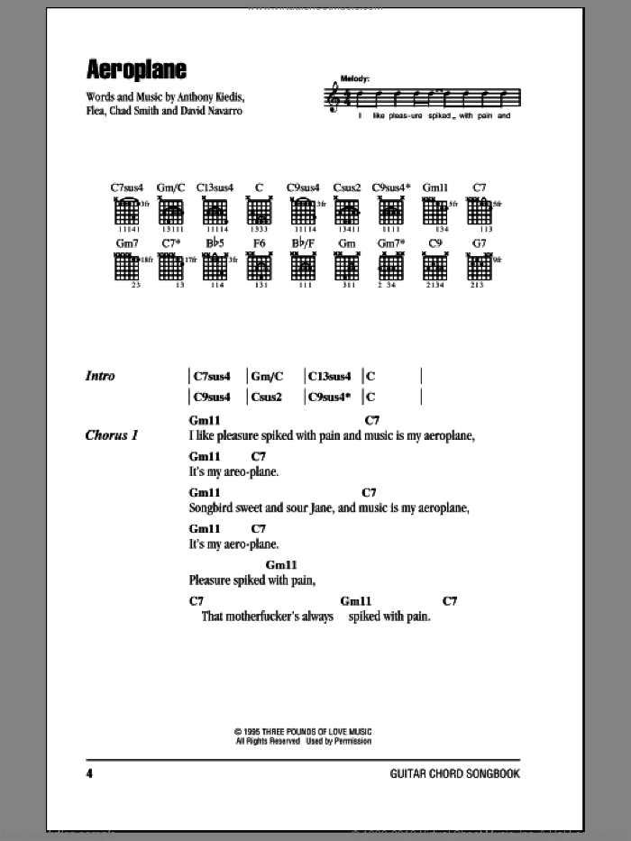 Aeroplane sheet music for guitar (chords) by Red Hot Chili Peppers, Anthony Kiedis, Chad Smith, David Navarro and Flea, intermediate skill level