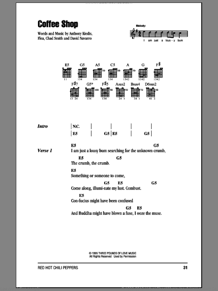 Coffee Shop sheet music for guitar (chords) by Red Hot Chili Peppers, Anthony Kiedis, Chad Smith, David Navarro and Flea, intermediate skill level