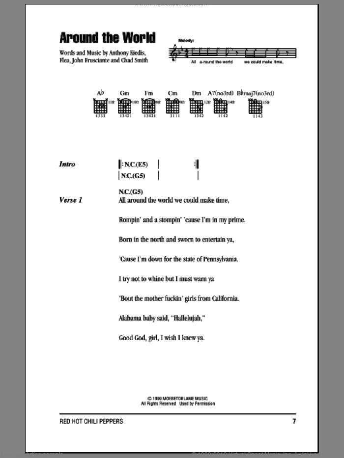 Around The World sheet music for guitar (chords) by Red Hot Chili Peppers, Anthony Kiedis, Chad Smith, Flea and John Frusciante, intermediate skill level
