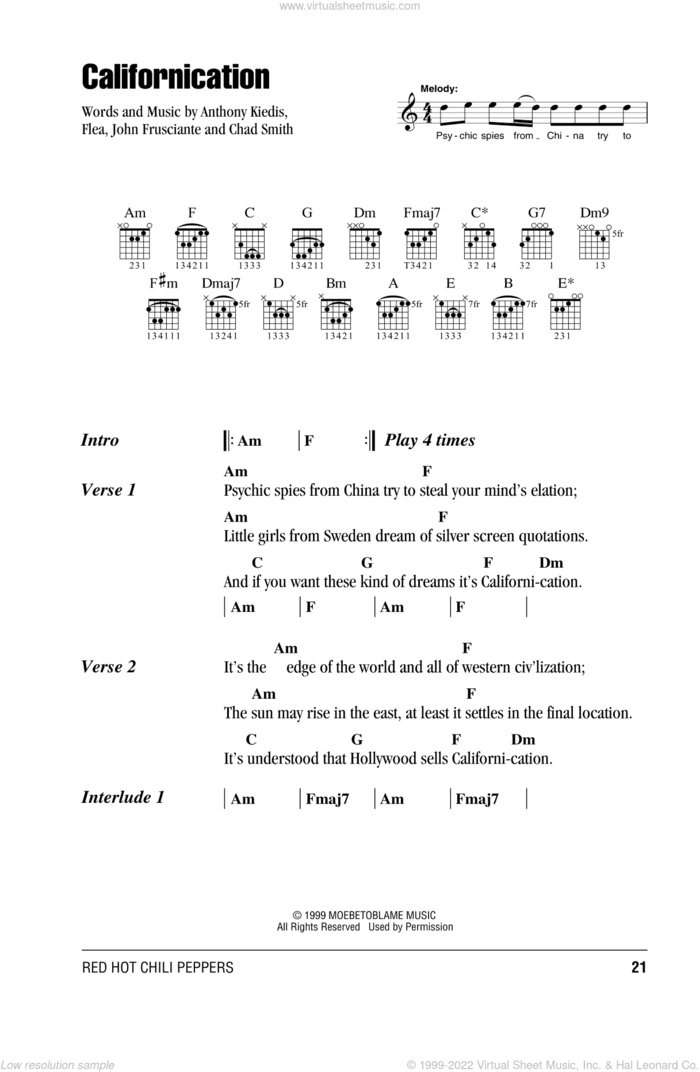 Californication sheet music for guitar (chords) by Red Hot Chili Peppers, Anthony Kiedis, Chad Smith, Flea and John Frusciante, intermediate skill level