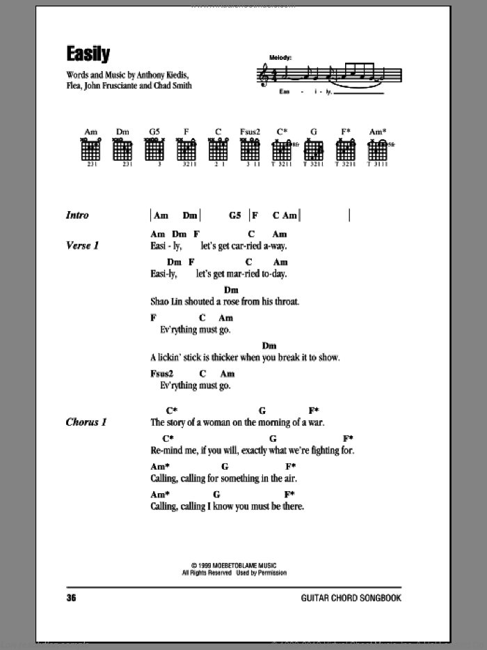 Easily sheet music for guitar (chords) by Red Hot Chili Peppers, Anthony Kiedis, Chad Smith, Flea and John Frusciante, intermediate skill level