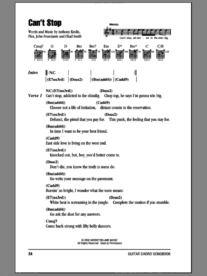 Can't Stop sheet music for guitar (chords) by Red Hot Chili Peppers, Anthony Kiedis, Chad Smith, Flea and John Frusciante, intermediate skill level