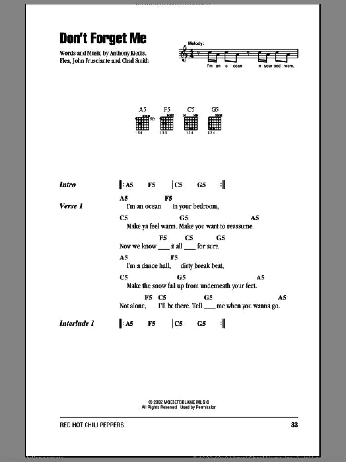 Don't Forget Me sheet music for guitar (chords) by Red Hot Chili Peppers, Anthony Kiedis, Chad Smith, Flea and John Frusciante, intermediate skill level