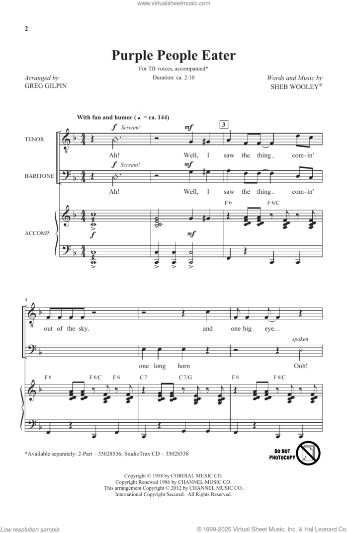 Purple People Eater (arr. Greg Gilpin) sheet music for choir (TB: tenor, bass) by Sheb Wooley and Greg Gilpin, intermediate skill level