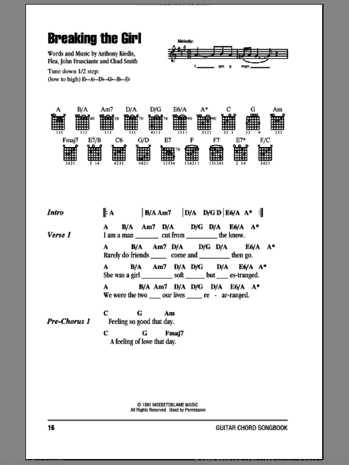 Breaking The Girl sheet music for guitar (chords) by Red Hot Chili Peppers, Anthony Kiedis, Chad Smith, Flea and John Frusciante, intermediate skill level