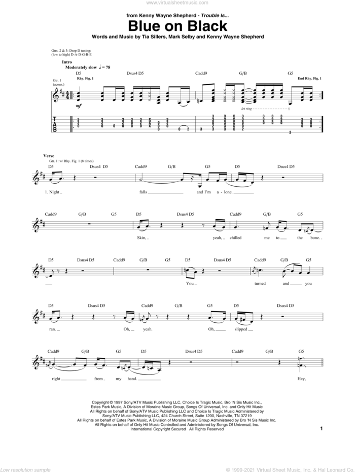 Blue On Black sheet music for guitar (tablature) by Kenny Wayne Shepherd, Mark Selby and Tia Sillers, intermediate skill level