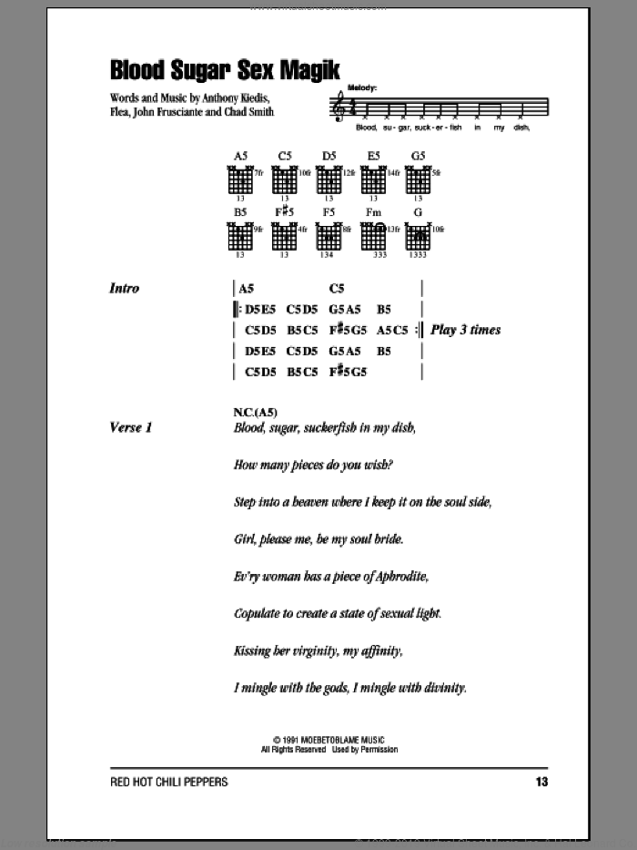 Blood Sugar Sex Magik sheet music for guitar (chords) by Red Hot Chili Peppers, Anthony Kiedis, Chad Smith, Flea and John Frusciante, intermediate skill level