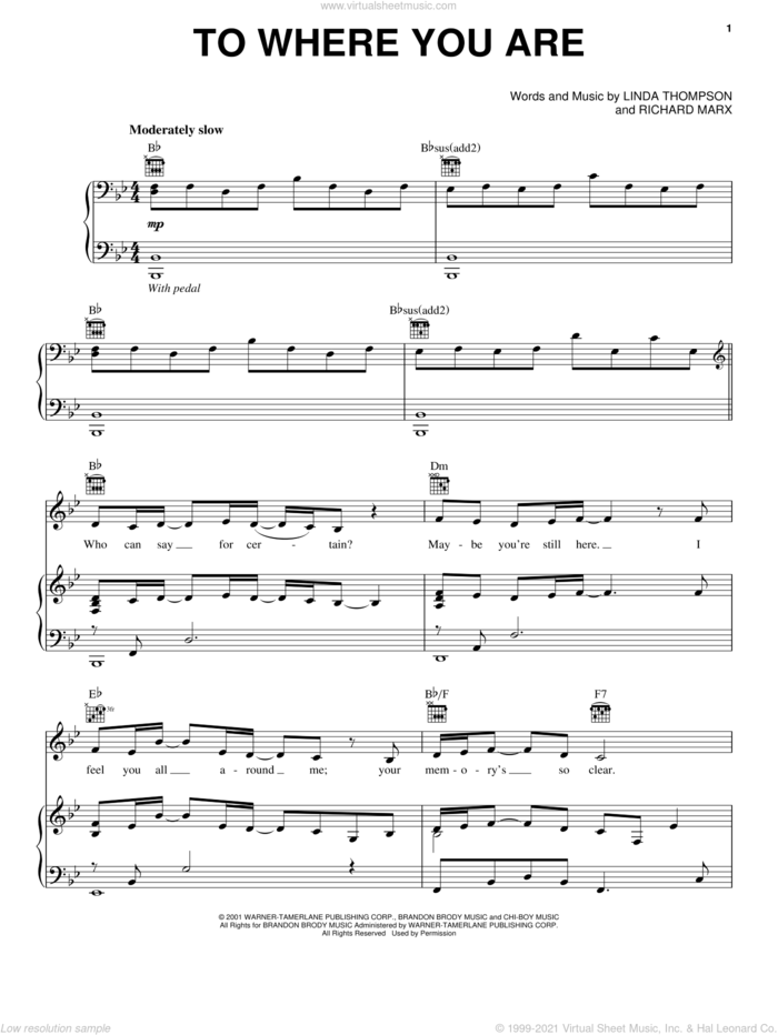 To Where You Are sheet music for voice, piano or guitar by Josh Groban, Linda Thompson and Richard Marx, intermediate skill level
