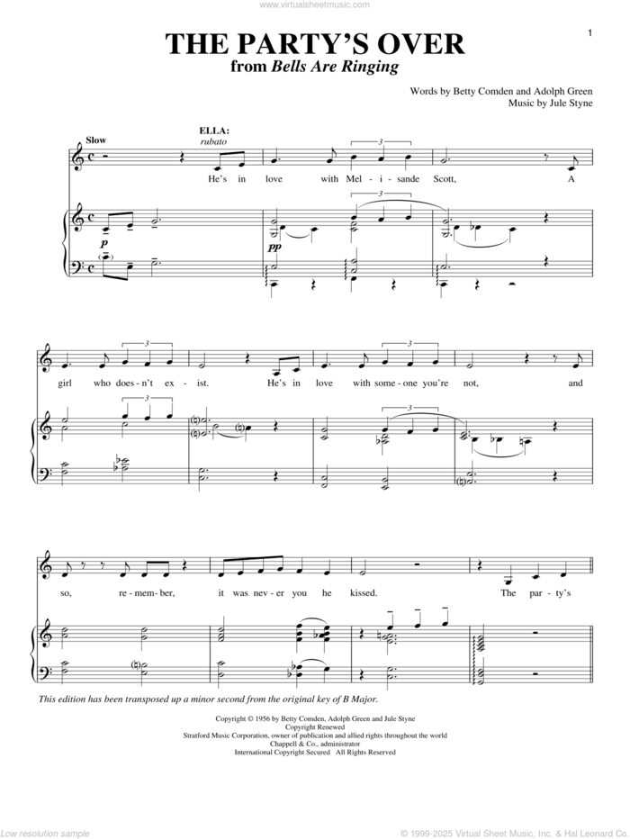 The Party's Over sheet music for voice and piano by Betty Comden, Adolph Green and Jule Styne, intermediate skill level