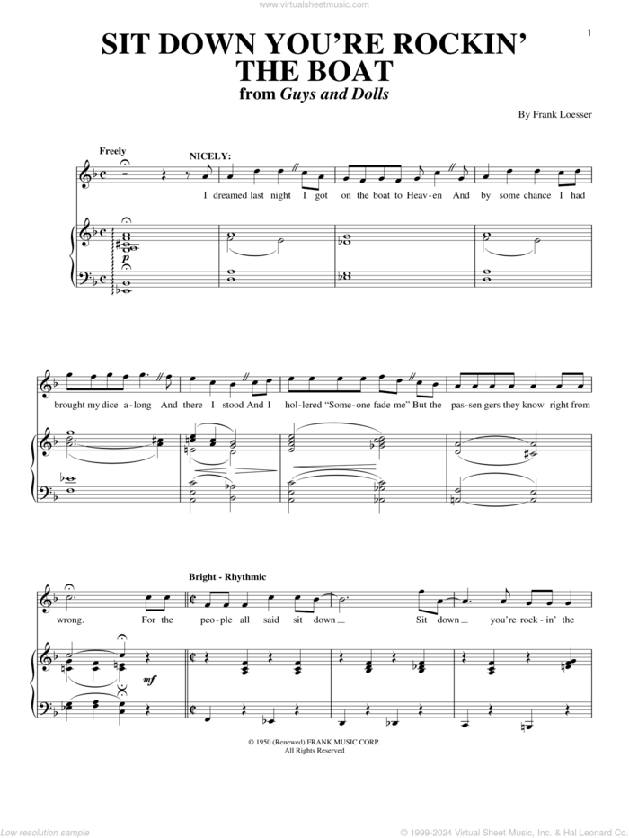 Sit Down You're Rockin' The Boat sheet music for voice and piano by Frank Loesser and Guys And Dolls (Musical), intermediate skill level