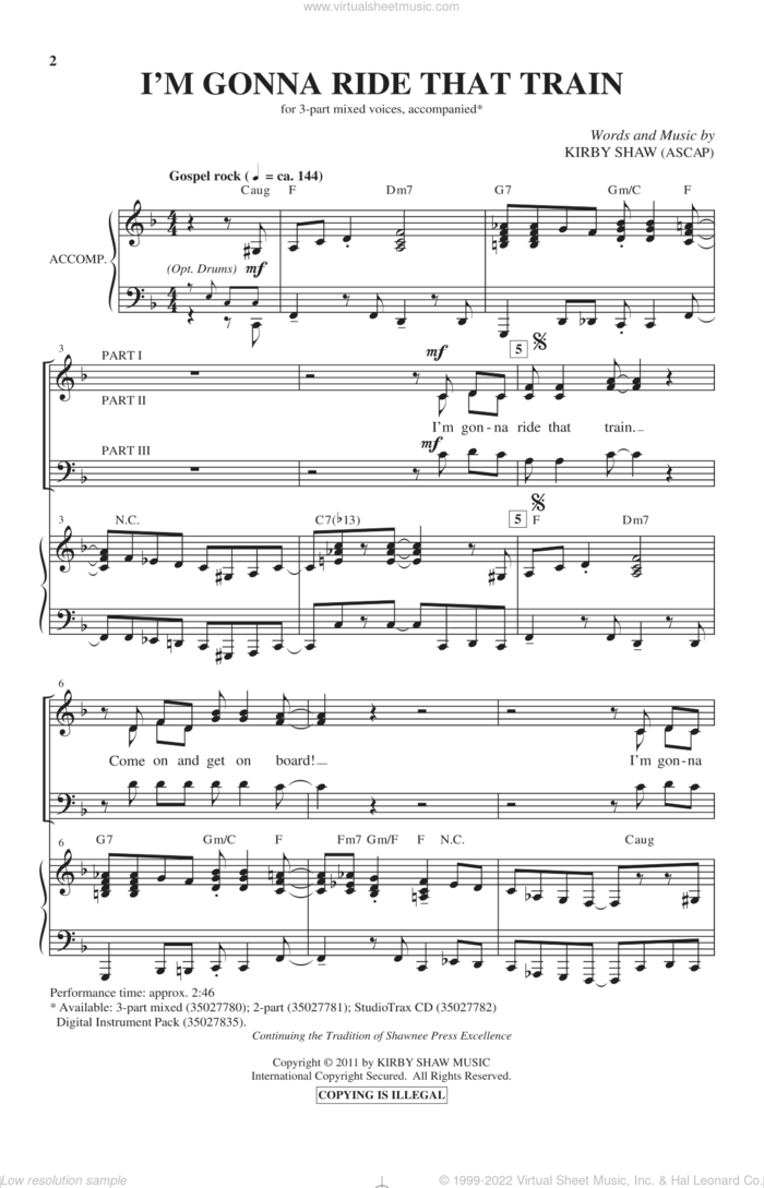 I'm Gonna Ride That Train sheet music for choir (3-Part Mixed) by Kirby Shaw, intermediate skill level