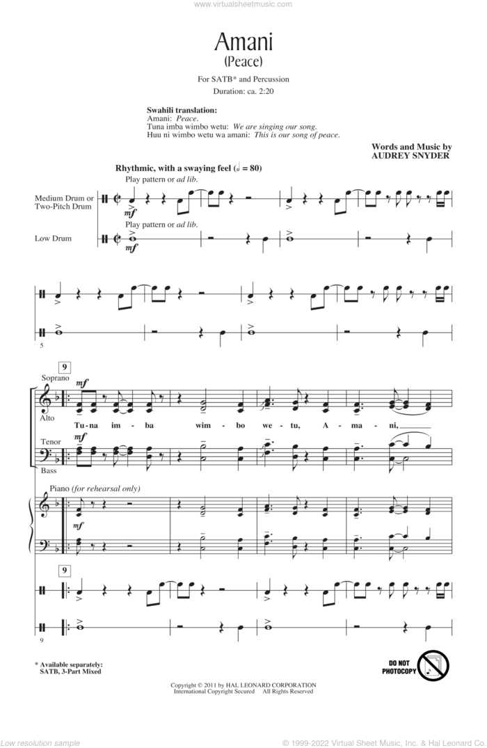 Amani (Peace) sheet music for choir (SATB: soprano, alto, tenor, bass) by Audrey Snyder, intermediate skill level