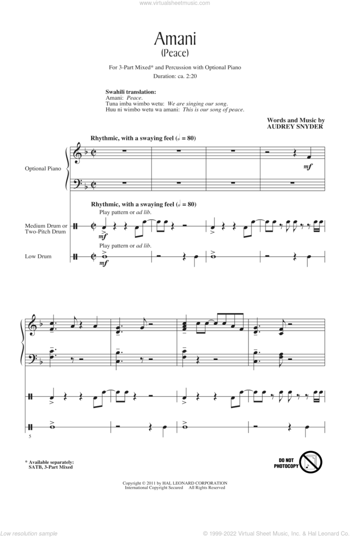 Amani (Peace) sheet music for choir (3-Part Mixed) by Audrey Snyder, intermediate skill level