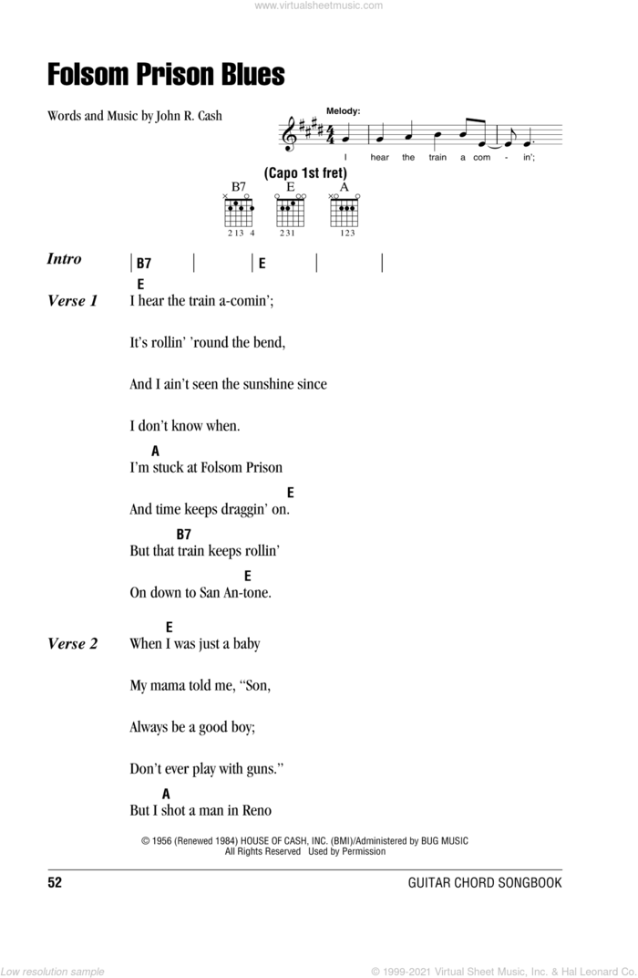 Folsom Prison Blues sheet music for guitar (chords) by Johnny Cash, intermediate skill level