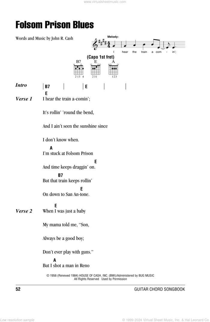 Folsom Prison Blues sheet music for guitar (chords) by Johnny Cash, intermediate skill level