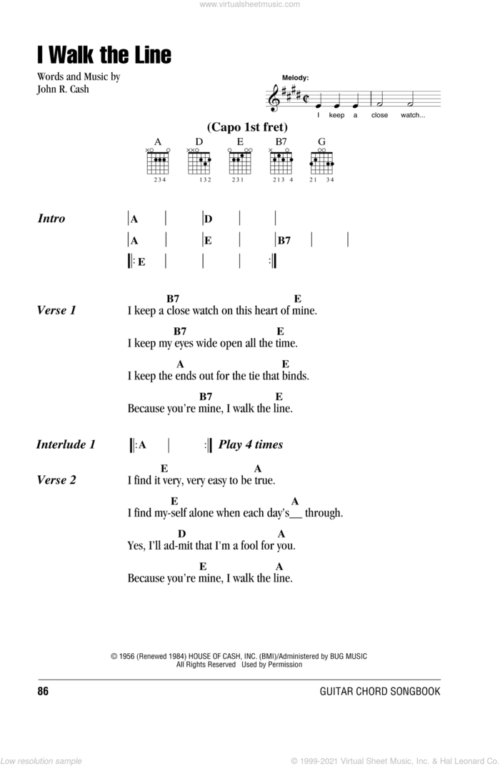 I Walk The Line sheet music for guitar (chords) by Johnny Cash, intermediate skill level