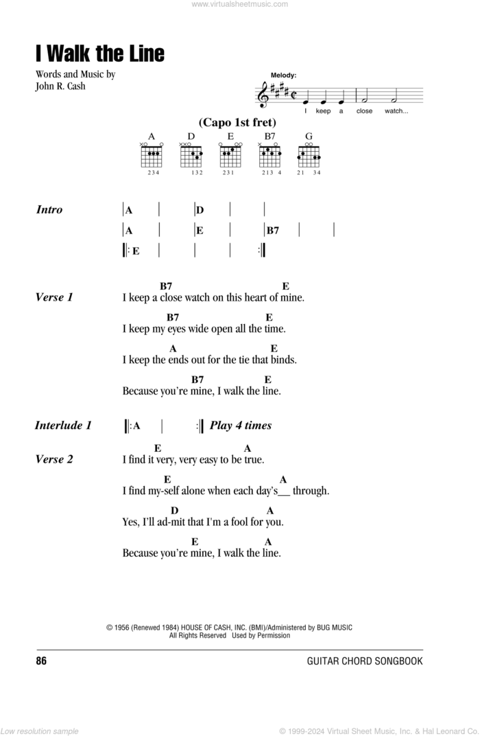 I Walk The Line sheet music for guitar (chords) by Johnny Cash, intermediate skill level