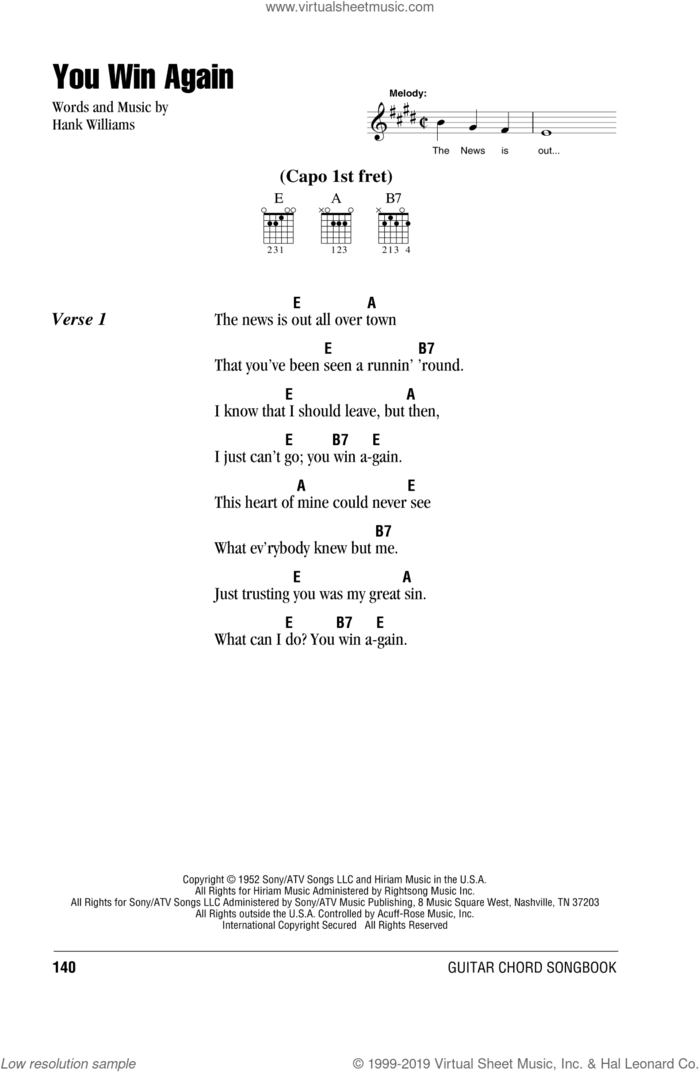 You Win Again sheet music for guitar (chords) by Johnny Cash and Hank Williams, intermediate skill level
