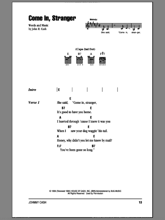 Come In, Stranger sheet music for guitar (chords) by Johnny Cash, intermediate skill level