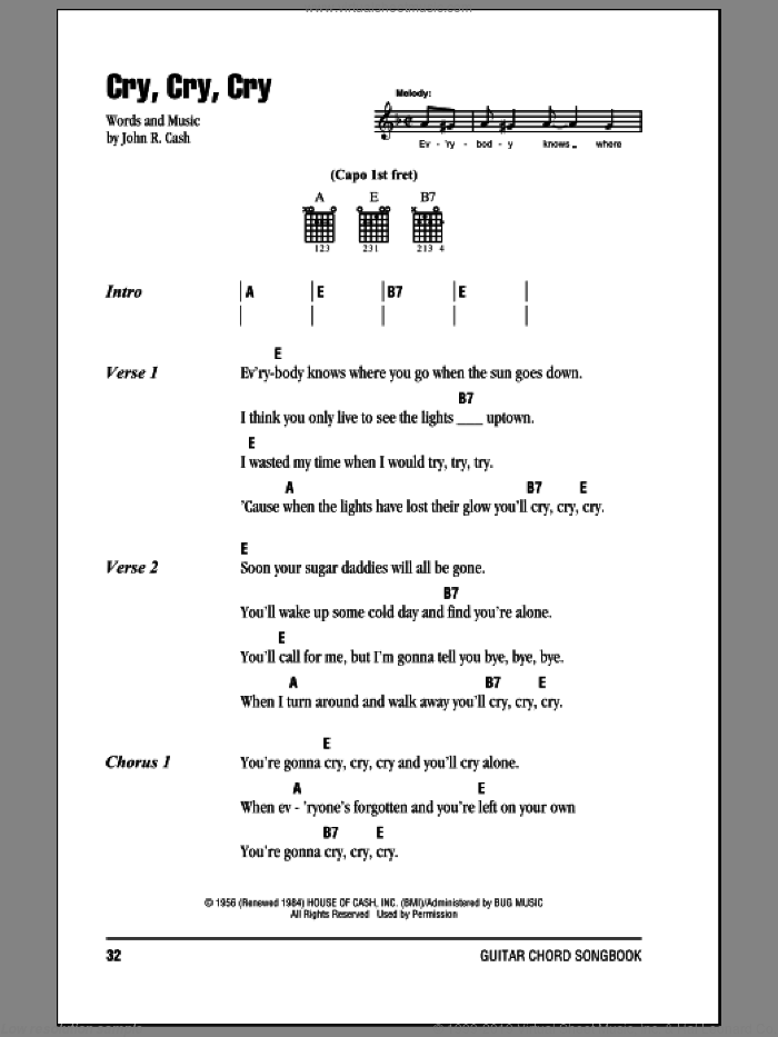 Cry, Cry, Cry sheet music for guitar (chords) by Johnny Cash, intermediate skill level
