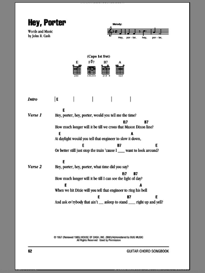 Hey, Porter sheet music for guitar (chords) by Johnny Cash, intermediate skill level