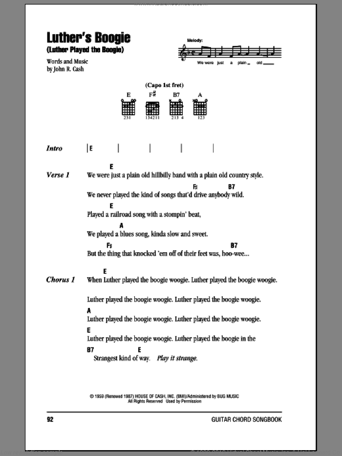 Luther's Boogie (Luther Played The Boogie) sheet music for guitar (chords) by Johnny Cash, intermediate skill level