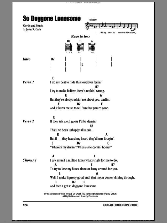 So Doggone Lonesome sheet music for guitar (chords) by Johnny Cash, intermediate skill level
