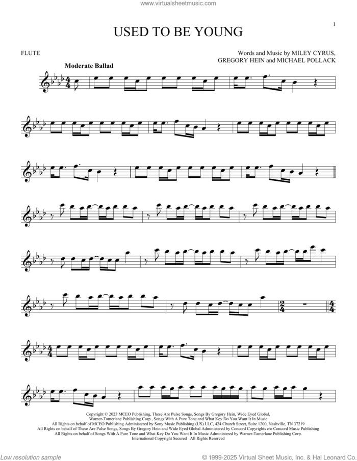 Used To Be Young sheet music for flute solo by Miley Cyrus, Gregory Hein and Michael Pollack, intermediate skill level