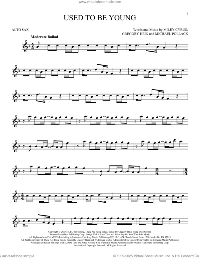Used To Be Young sheet music for alto saxophone solo by Miley Cyrus, Gregory Hein and Michael Pollack, intermediate skill level