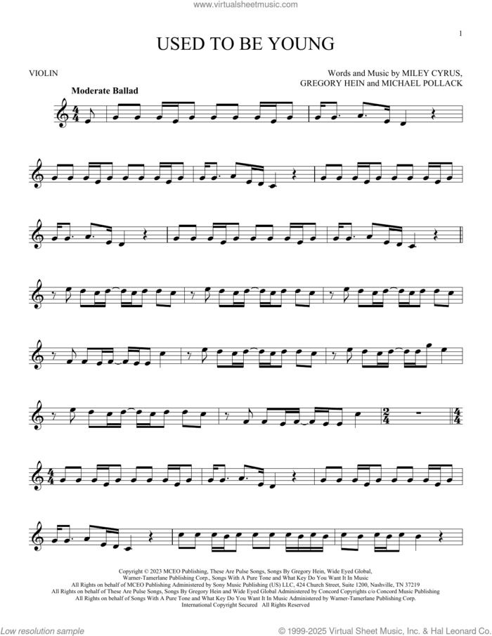 Used To Be Young sheet music for violin solo by Miley Cyrus, Gregory Hein and Michael Pollack, intermediate skill level