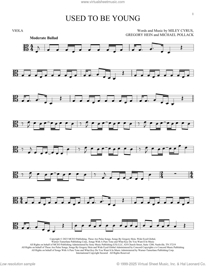 Used To Be Young sheet music for viola solo by Miley Cyrus, Gregory Hein and Michael Pollack, intermediate skill level