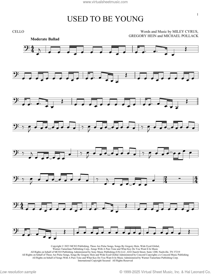 Used To Be Young sheet music for cello solo by Miley Cyrus, Gregory Hein and Michael Pollack, intermediate skill level
