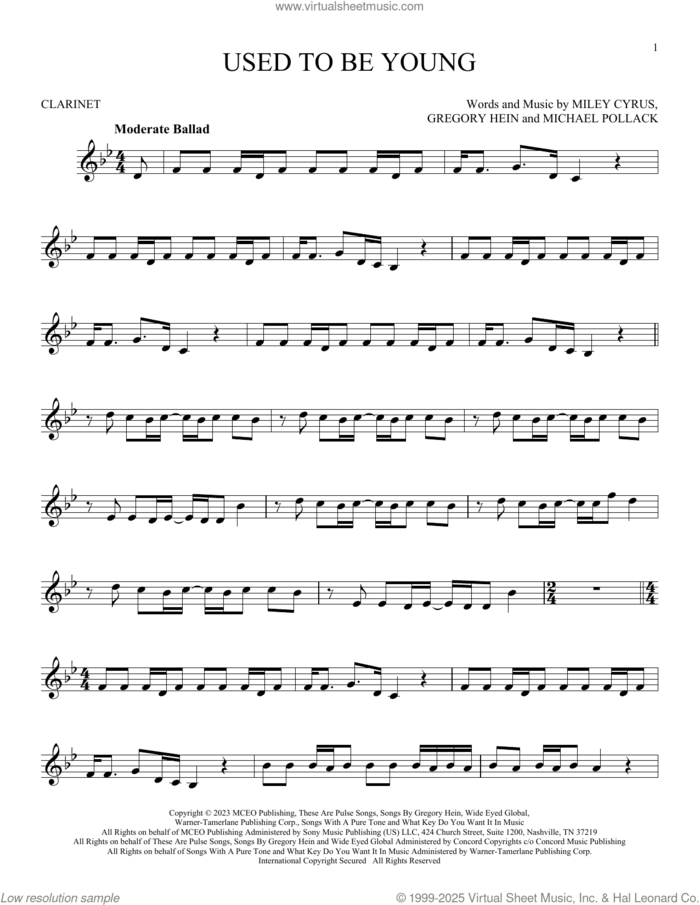 Used To Be Young sheet music for clarinet solo by Miley Cyrus, Gregory Hein and Michael Pollack, intermediate skill level