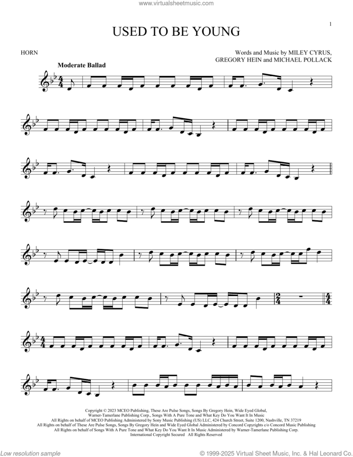 Used To Be Young sheet music for horn solo by Miley Cyrus, Gregory Hein and Michael Pollack, intermediate skill level