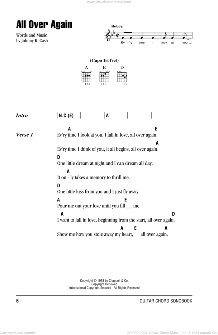 All Over Again sheet music for guitar (chords) by Johnny Cash, intermediate skill level