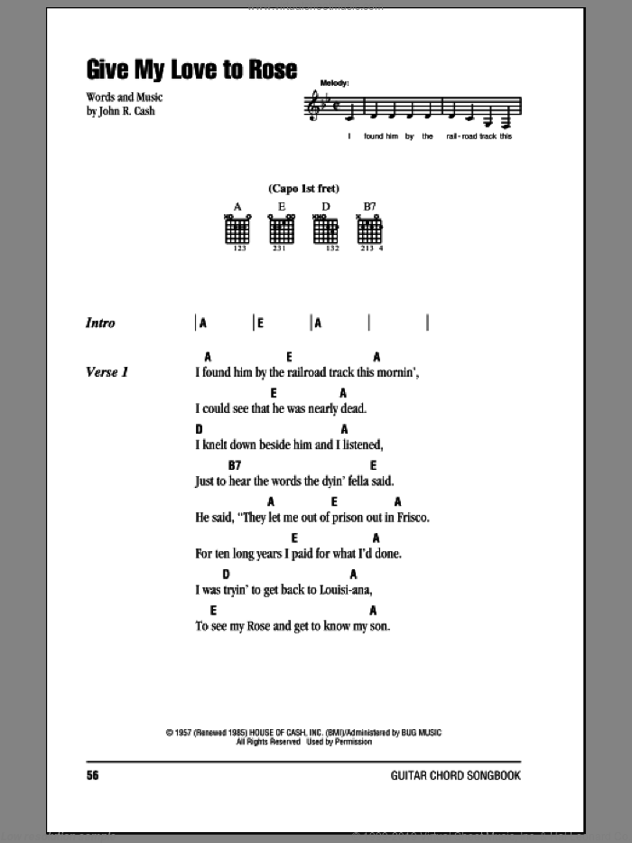 Give My Love To Rose sheet music for guitar (chords) by Johnny Cash, intermediate skill level